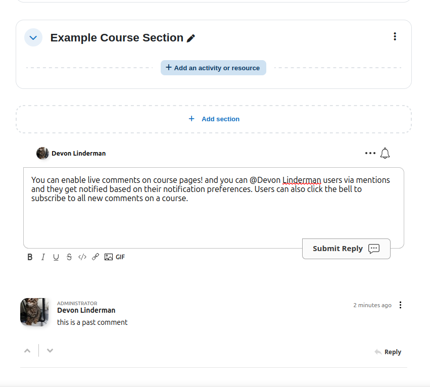 Threaded comments on a Moodle course page